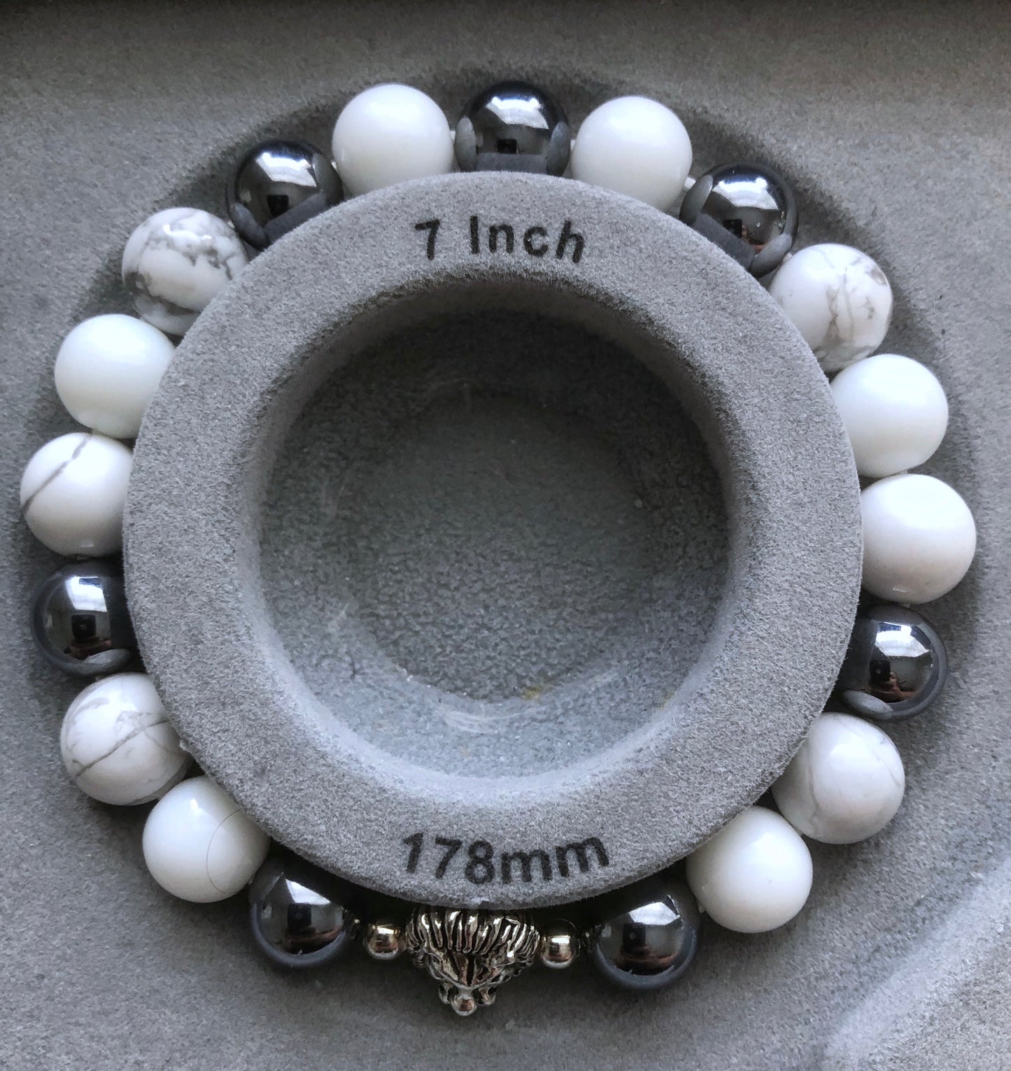"Invicta" - Howlite, Hematite, White Jade with Silver Spacers and Lion Head Bead Stretch Bracelet