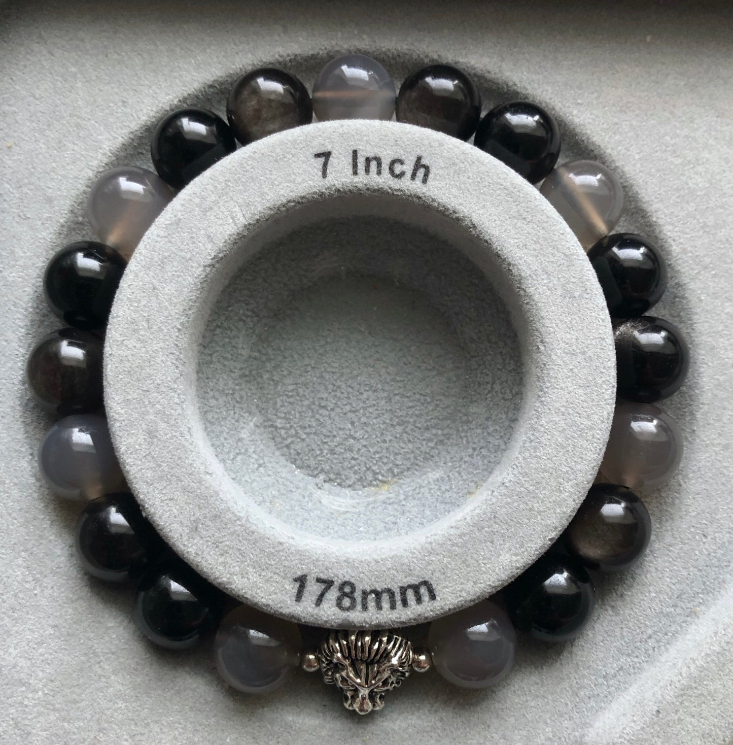 Black Tourmaline, Silver Sheen Obsidian, and Grey Agate with Silver Lion Head and Spacers