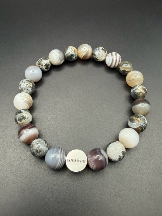 Pyrite and Botswana Agate With Logo Stretch Bracelet