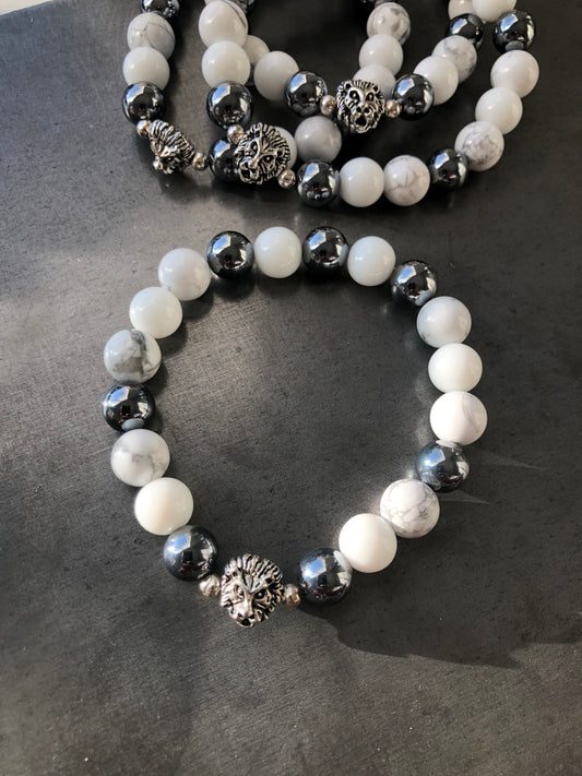 "Invicta" - Howlite, Hematite, White Jade with Silver Spacers and Lion Head Bead Stretch Bracelet