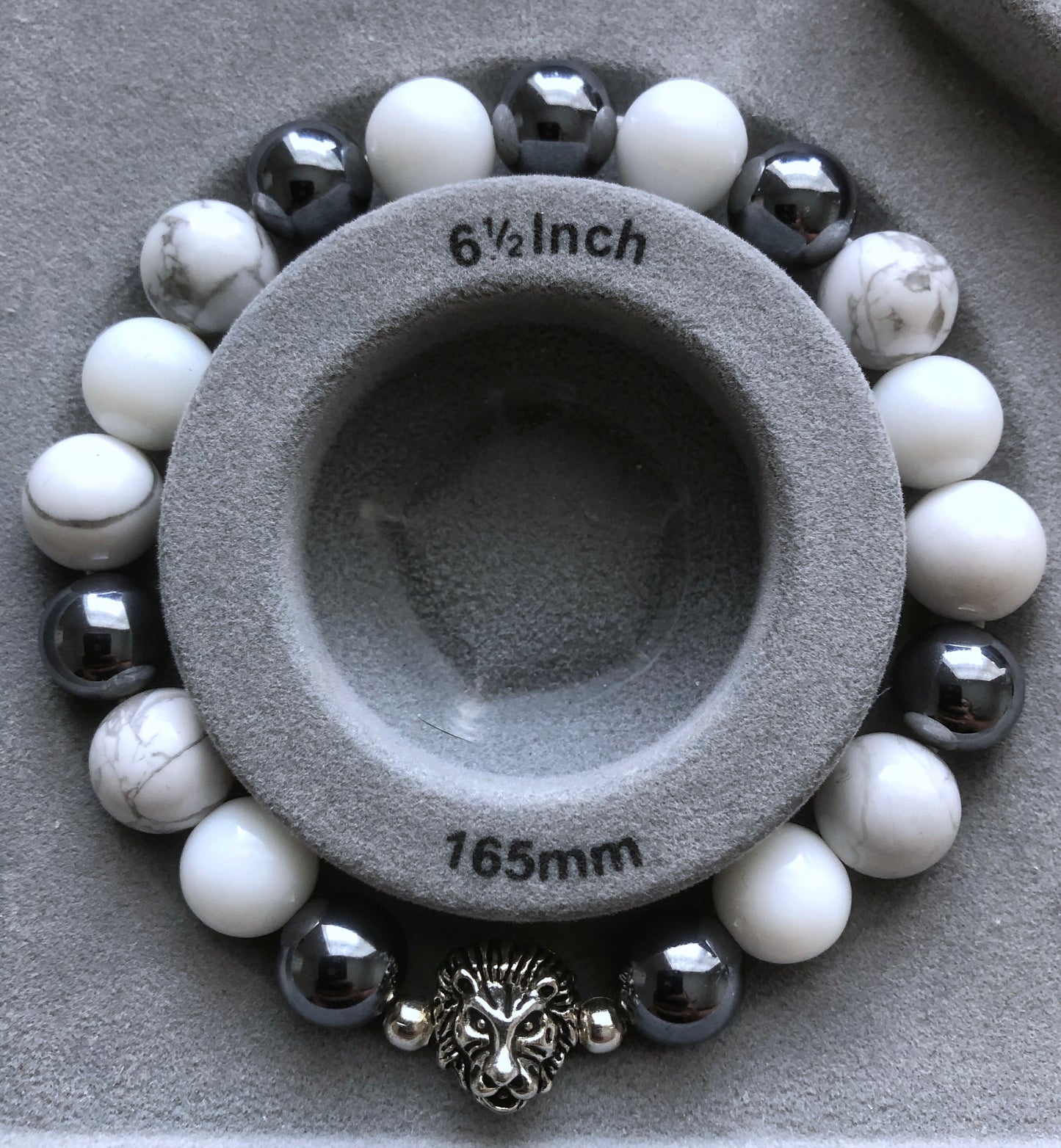 "Invicta" - Howlite, Hematite, White Jade with Silver Spacers and Lion Head Bead Stretch Bracelet