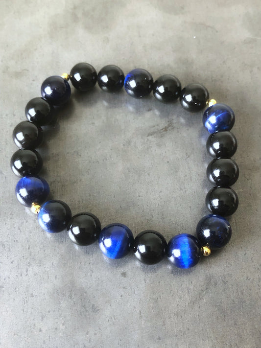 "Blue Night" - Dark Blue Tiger's Eye, and Obsidian with Gold Coated Spacers