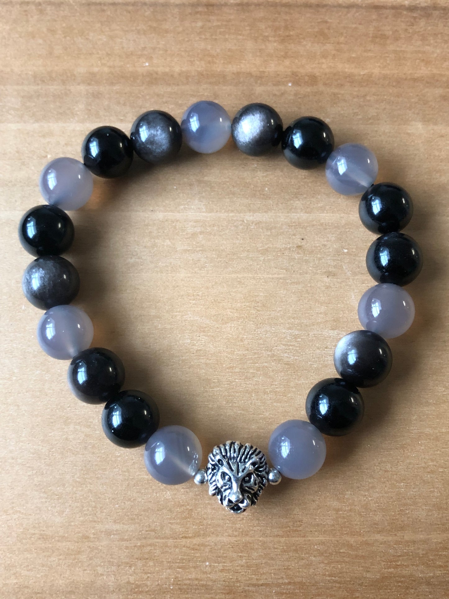 Black Tourmaline, Silver Sheen Obsidian, and Grey Agate with Silver Lion Head and Spacers