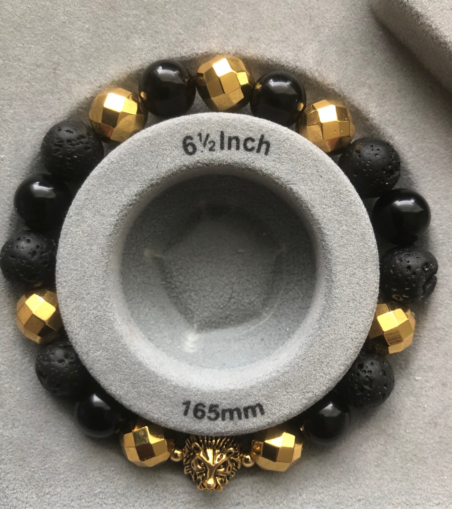 "Forza Et Honorum" - Onyx, Lava Stone, Hematite with Spacers and Lion Head Bead Stretch Bracelet