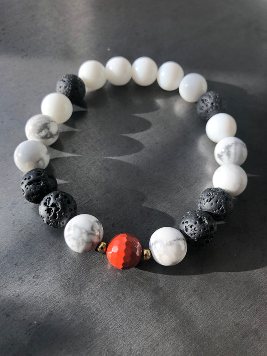 "Lightning Count" - Lava Stone, Howlite, White Jade, Faceted Red Jasper with Gold Brass Spacer Bead