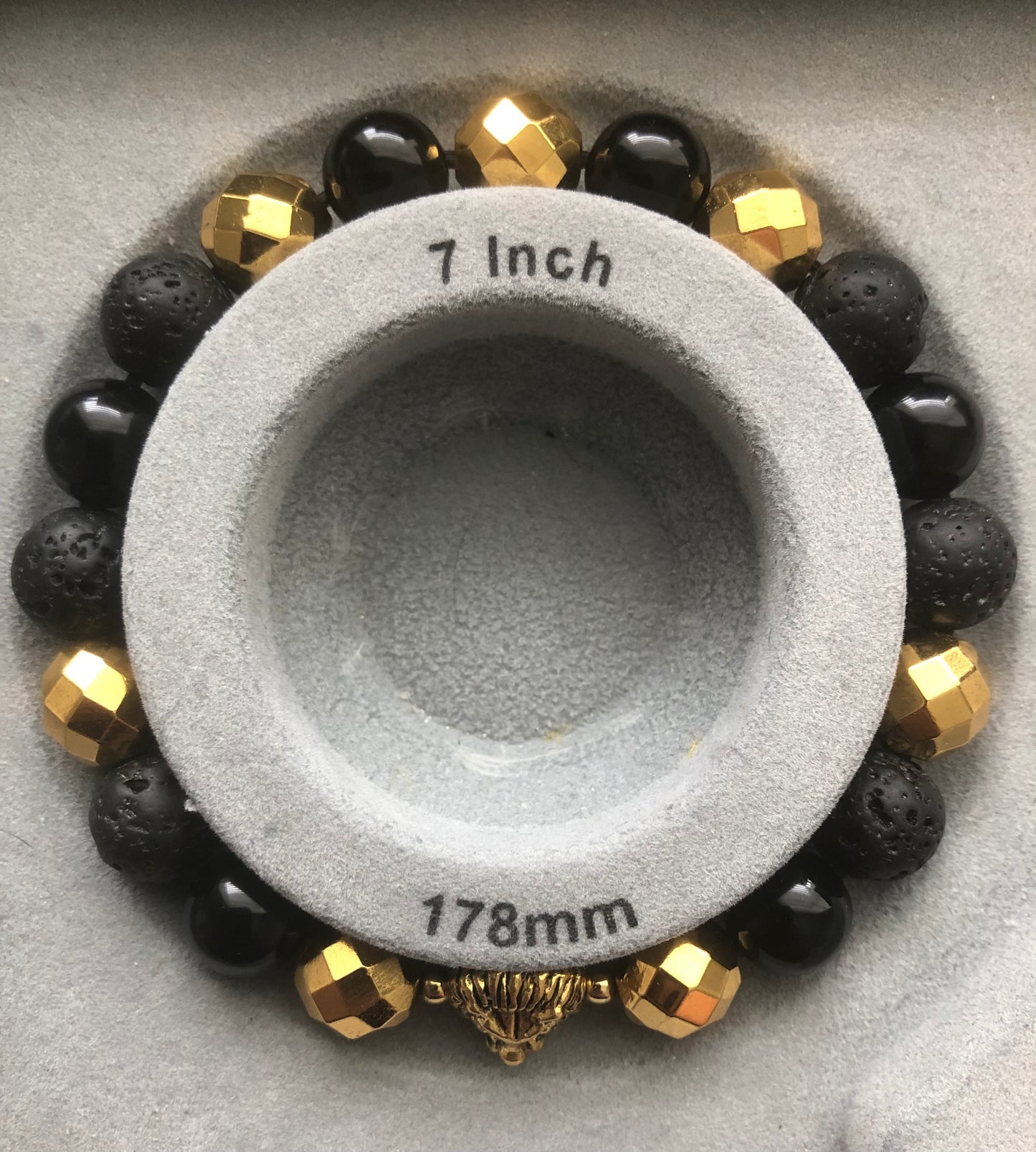 "Forza Et Honorum" - Onyx, Lava Stone, Hematite with Spacers and Lion Head Bead Stretch Bracelet