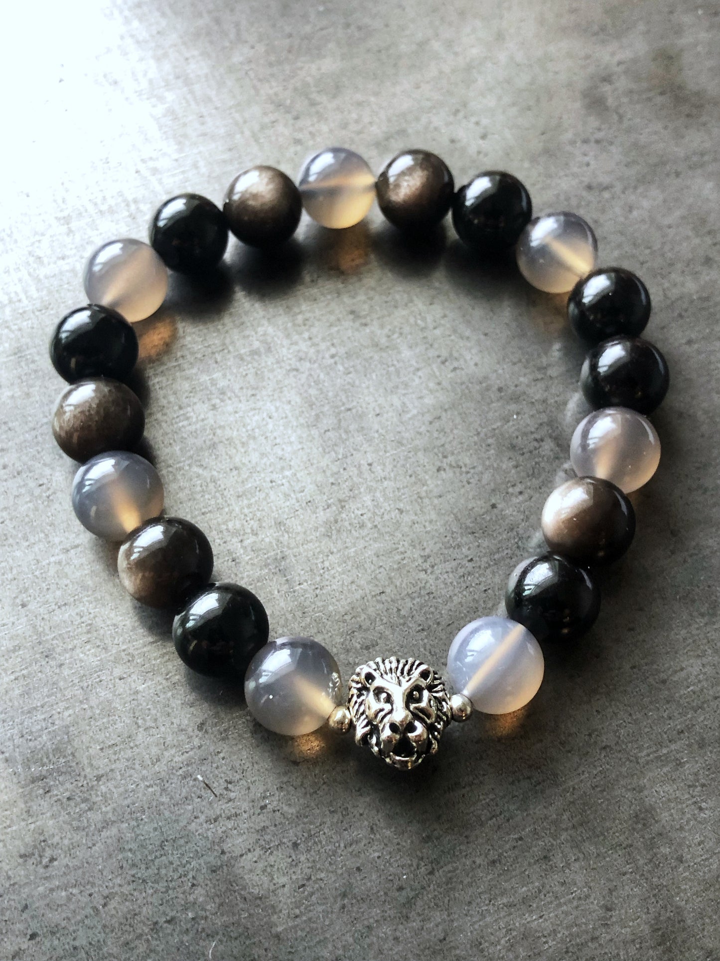 Black Tourmaline, Silver Sheen Obsidian, and Grey Agate with Silver Lion Head and Spacers