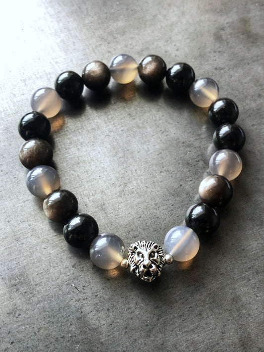 Black Tourmaline, Silver Sheen Obsidian, and Grey Agate with Silver Lion Head and Spacers