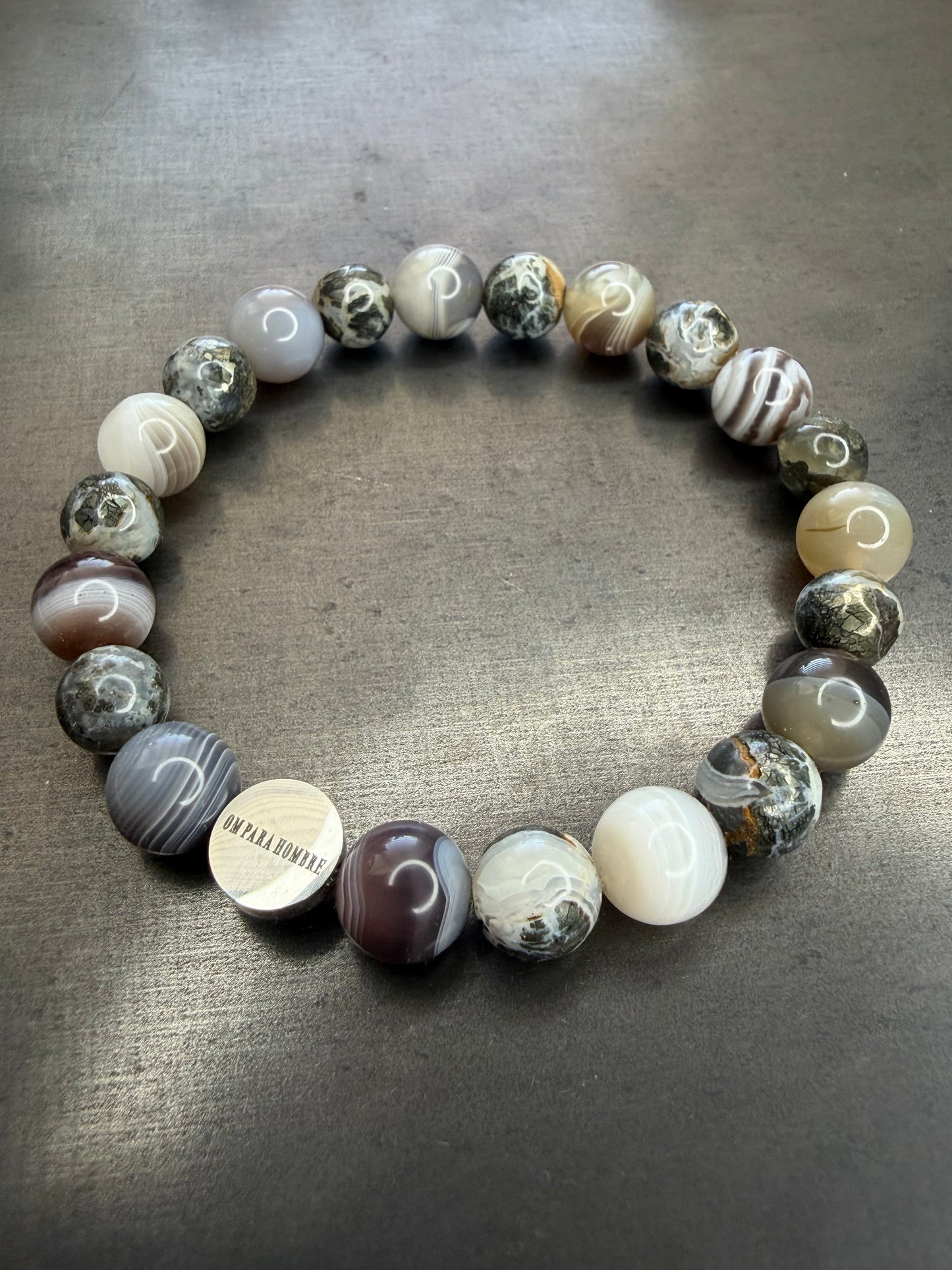 Pyrite and Botswana Agate With Logo Stretch Bracelet